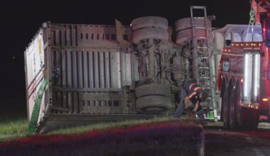 Overturned 18-wheeler loaded with groceries shuts down Hwy 288