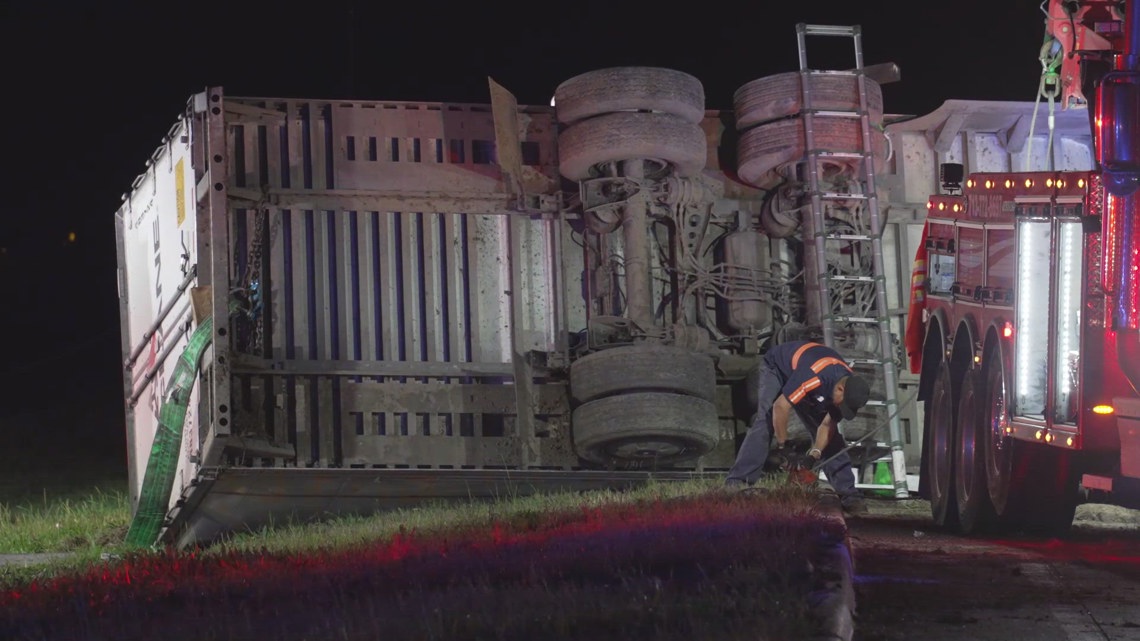 Overturned 18-wheeler loaded with groceries shuts down Hwy 288