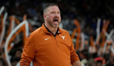 Texas head coach Chris Beard talks to his players during the first half of an NCAA college basketball game against Creighton in Austin, Texas, Thursday, Dec. 1, 2022. (AP Photo/Eric Gay)