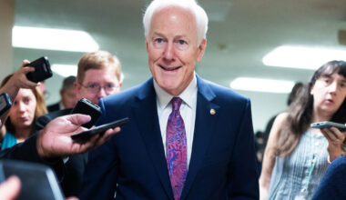 Sen. John Cornyn, R-Texas, talks with reporters in the U.S. Capitol during votes on Tuesday, March 10, 2026.