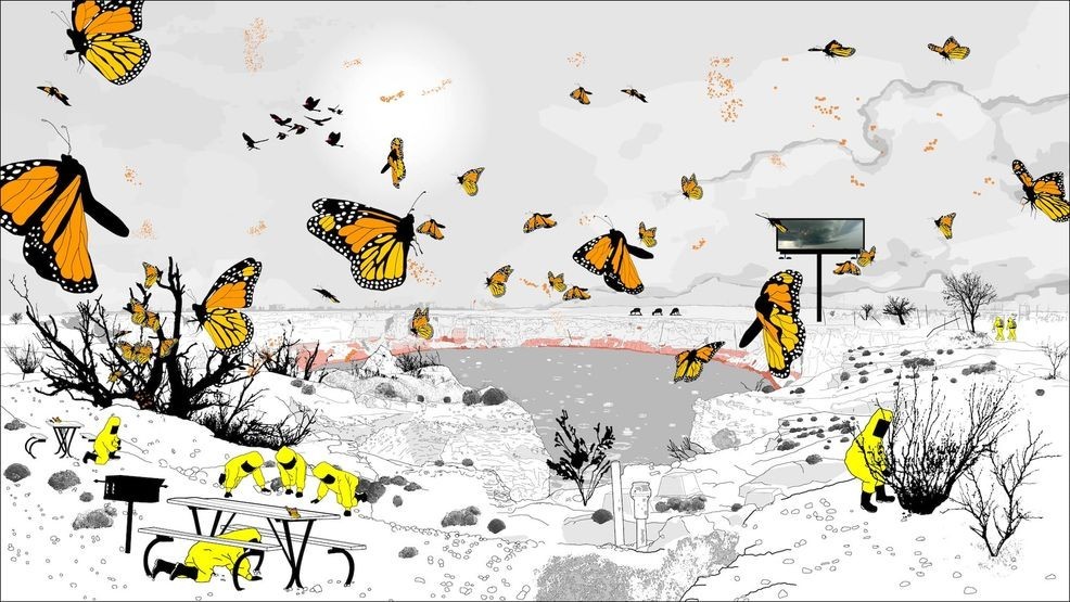 Marina Zurkow, Mesocosm (Wink, TX), 2012, 28 x 48 1/2 in.,  146 hour cycle (24-minute day, 146-hour year), Real-time generative software animation (color, sound), monitor, Marina Zurkow, Collection of the Carl & Marilynn Thoma Foundation