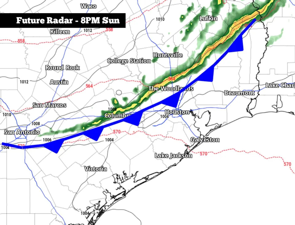 A thin line of storms could develop along a cold front surging into Texas on Sunday. It is expected to move through Southeast Texas between 7 p.m. and 9 p.m. (Pivotal Weather)