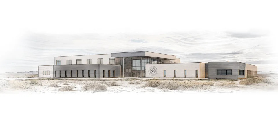An artist rendering shows the new El Paso public safety training academy building for the El Paso police and fire departments to be built on Global Reach Drive in El Paso, Texas. The public safety complex is planned to be completed in 2029.