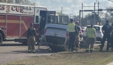Woman transported to local hospital after vehicle overturns near H-E-B on Weber and Holly