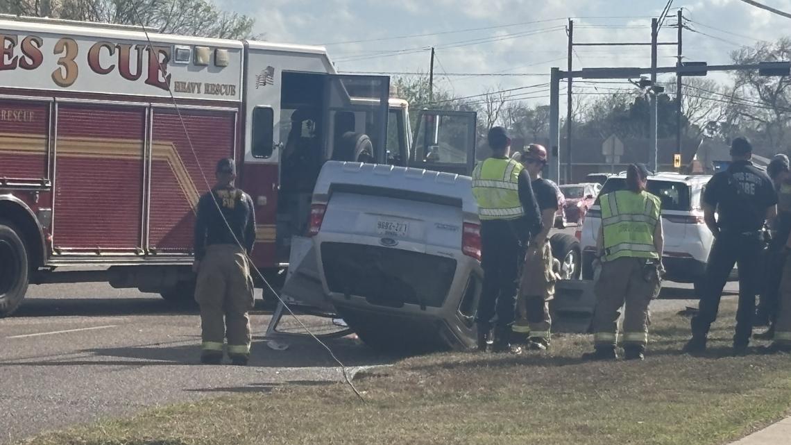 Woman transported to local hospital after vehicle overturns near H-E-B on Weber and Holly
