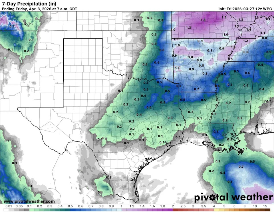 A series of cold fronts will move through over the next two weeks, leading to wetter weather across Texas. The first front arrives Wednesday into Thursday, bringing a 30% to 40% chance of rain with rainfall totals of up to a quarter-inch. (Pivotal)