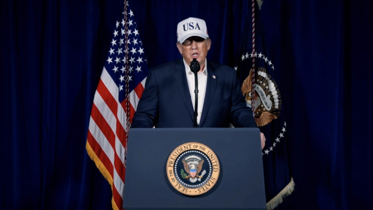 A screen grab from a video released on U.S. President Donald Trump’s Truth Social account shows him making statements regarding combat operations on Iran.