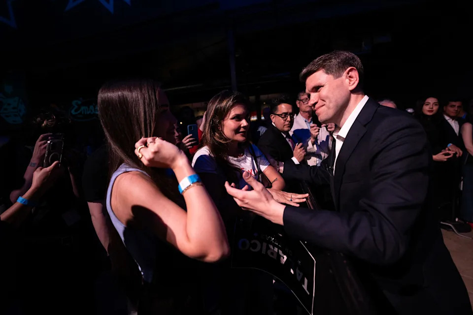 James Talarico greets his supporters after his speech during his election night watch party at Emo’s in Austin, Texas, on March 3, 2026. Talarico is running in the Democratic primary for U.S. Senate and led his Democratic opponent, U.S. Rep. Jasmine Crockett, in early voting returns.