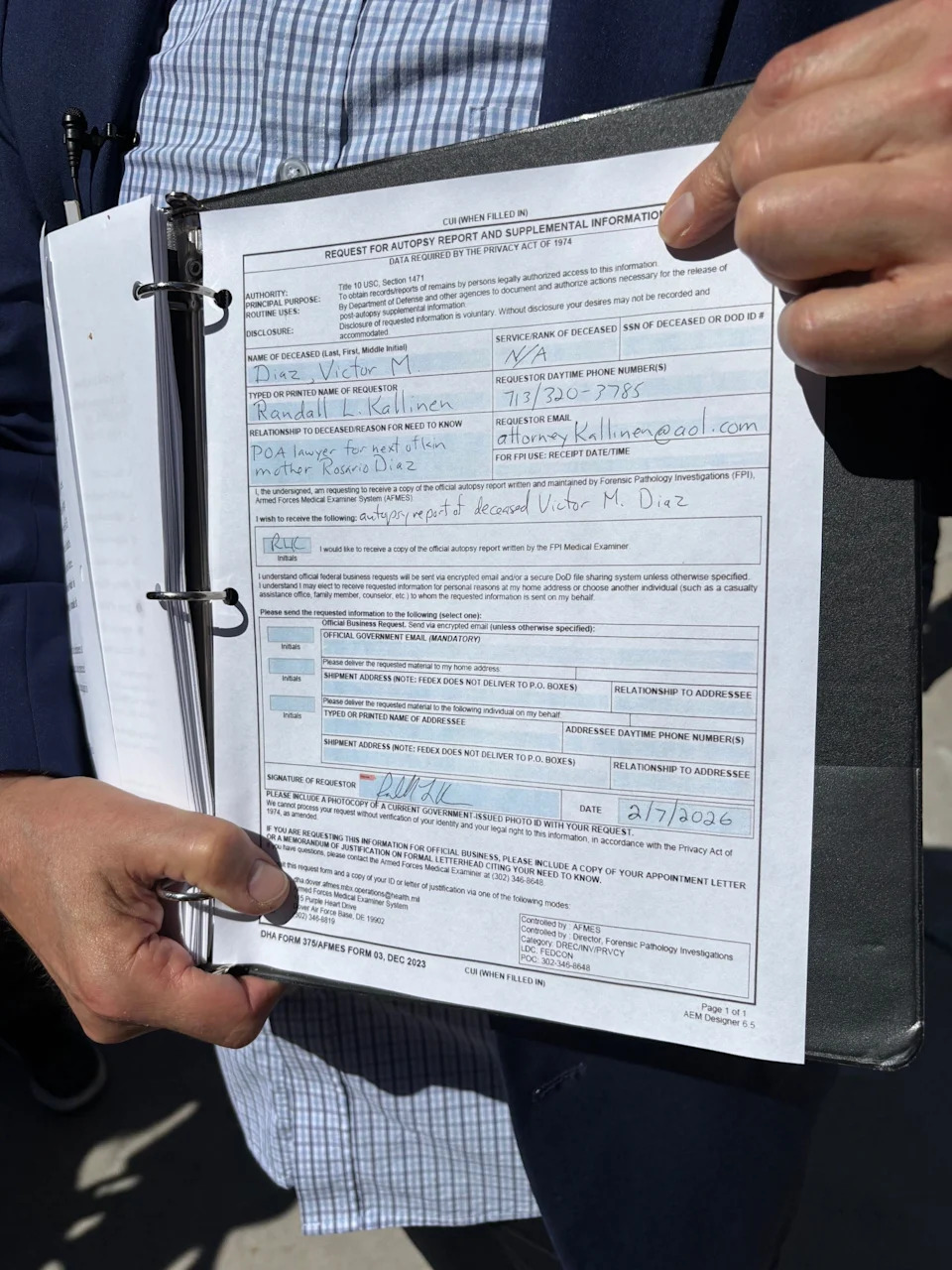 Civil Rights attorney Randall Kallinen, who represents the family of Victor Manuel Diaz, who died in El Paso on Jan. 14, 2026, at the ICE facility of Camp East Montana shows the request files to retrieve Diaz' autopsy report from the U.S. Military.