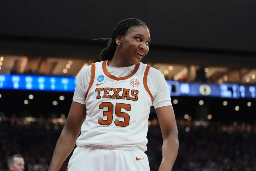 Texas forward Madison Booker (35) reacts after a score against Oregon during the second half in the second round of the NCAA college basketball tournament, Sunday, March 22, 2026, in Austin, Texas. (AP Photo/Eric Gay)