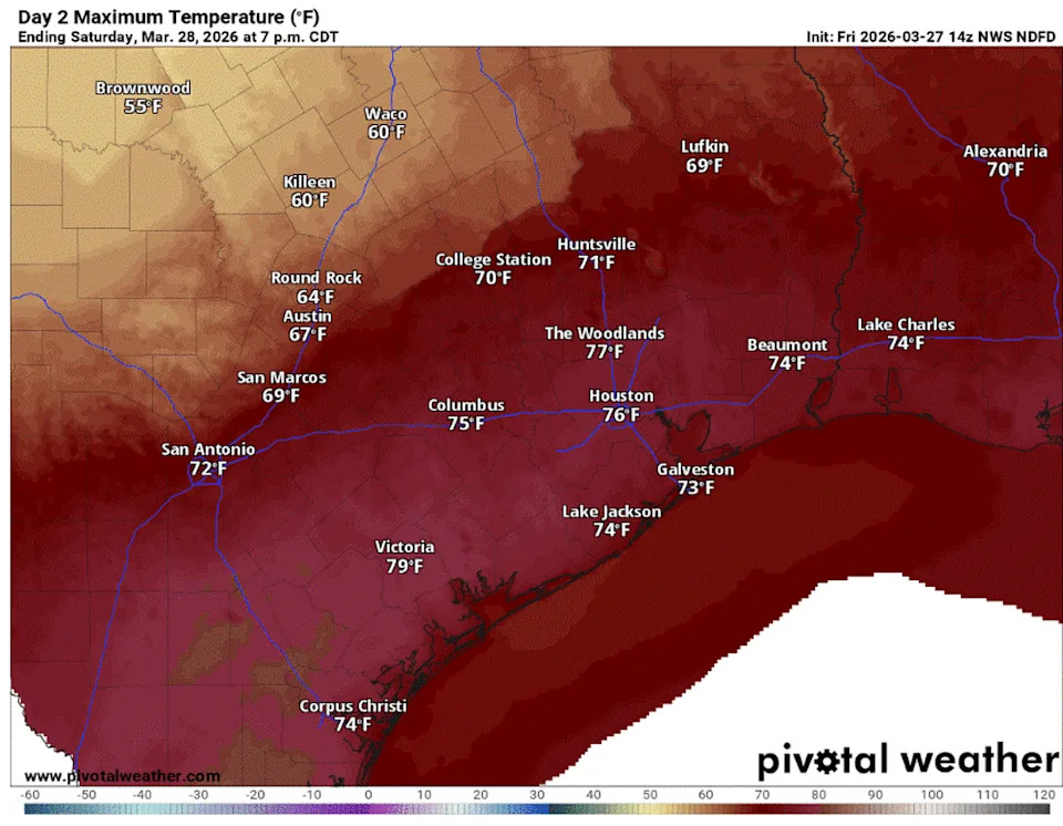 Afternoon temperatures on Saturday will feel comfortable, getting close or just slightly below our late-March average high of 75 degrees. (Pivotal)