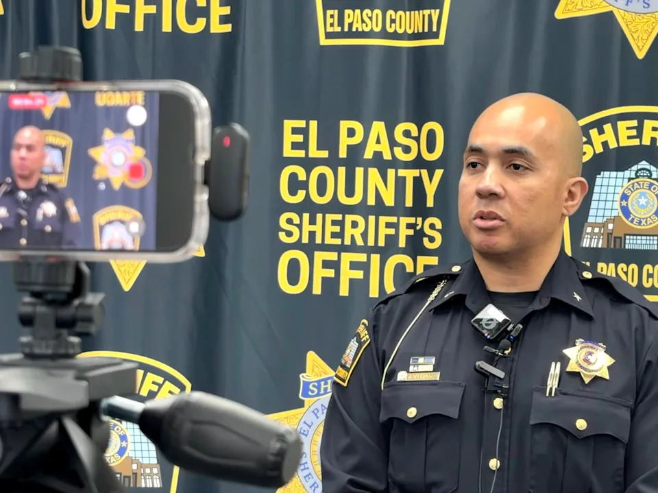 El Paso County Sheriff's Office Cmdr. Jerome Washington speaks at a news conference on March 21, 2026, about the in-custody death of Roel Contreras, 46, who died after being arrested by deputies in San Elizario, Texas, on March 20, 2026.