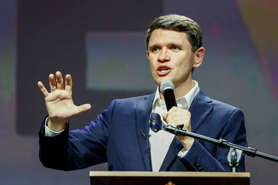 James Talarico, Texas Democratic Senate candidate, talks to supporters during a Texas Together rally at Ridglea Theater on Friday, March 20, 2026, in Fort Worth. (Elías Valverde II/Staff Photographer)