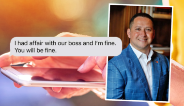A photo illustration depicting a text bubble about an affair with a picture of Tony Gonzales over hands typing on a smart phone.
