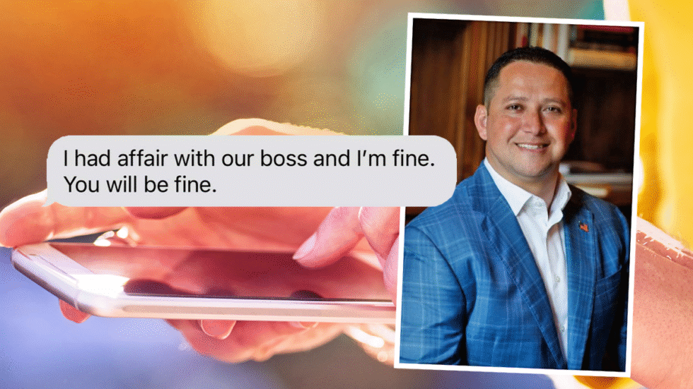 A photo illustration depicting a text bubble about an affair with a picture of Tony Gonzales over hands typing on a smart phone.
