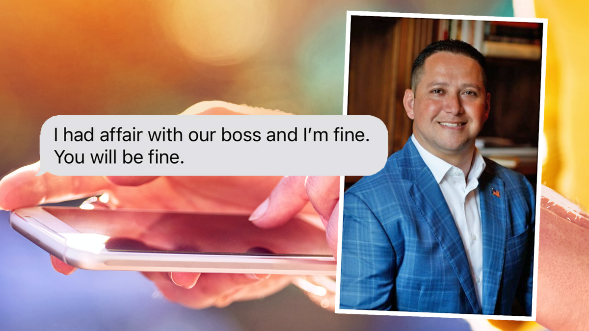 A photo illustration depicting a text bubble about an affair with a picture of Tony Gonzales over hands typing on a smart phone.