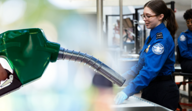 An illustrative photograph depicting a female TSA agent at the security line at the airport on the right and a gasoline pump handle on the left.