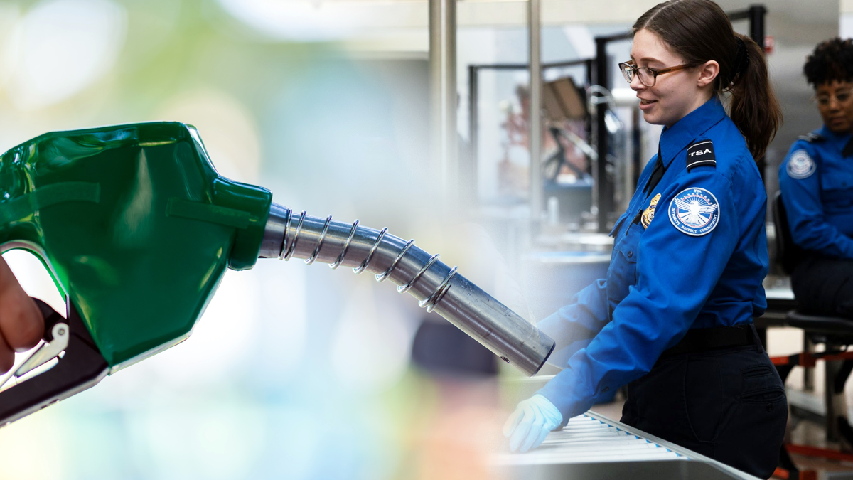 An illustrative photograph depicting a female TSA agent at the security line at the airport on the right and a gasoline pump handle on the left.