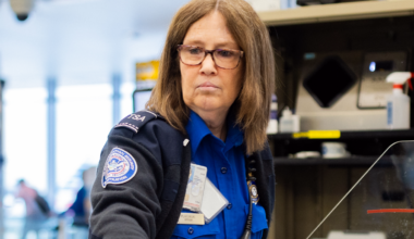 A picture of a female TSA workers screening travelers.