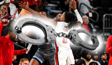 A photo illustration of handcuffs over basketball players.