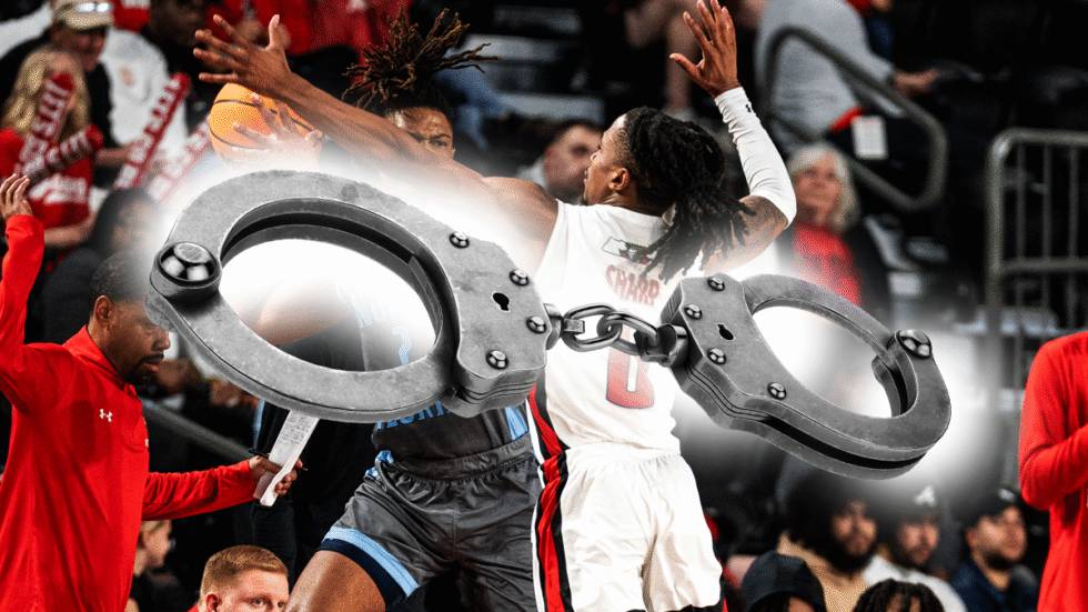A photo illustration of handcuffs over basketball players.