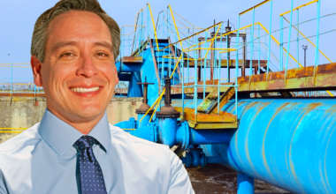 A picture of Vince Perez superimposed over city water delivery pipes.