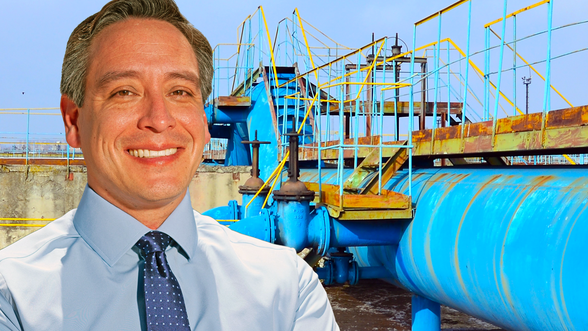 A picture of Vince Perez superimposed over city water delivery pipes.