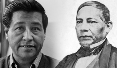 A picture of Cesar Chavez on the left a picture of Benito Juarez on the right.