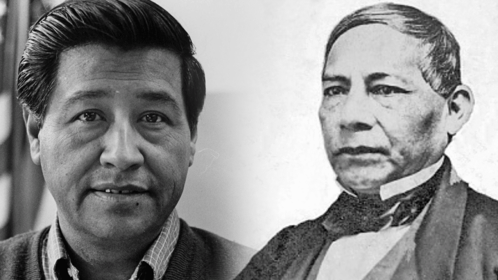 A picture of Cesar Chavez on the left a picture of Benito Juarez on the right.