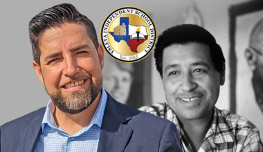 A picture of Chris Hernandez on the left over a picture of Cesar Chavez with Ysleta School District logo over them.