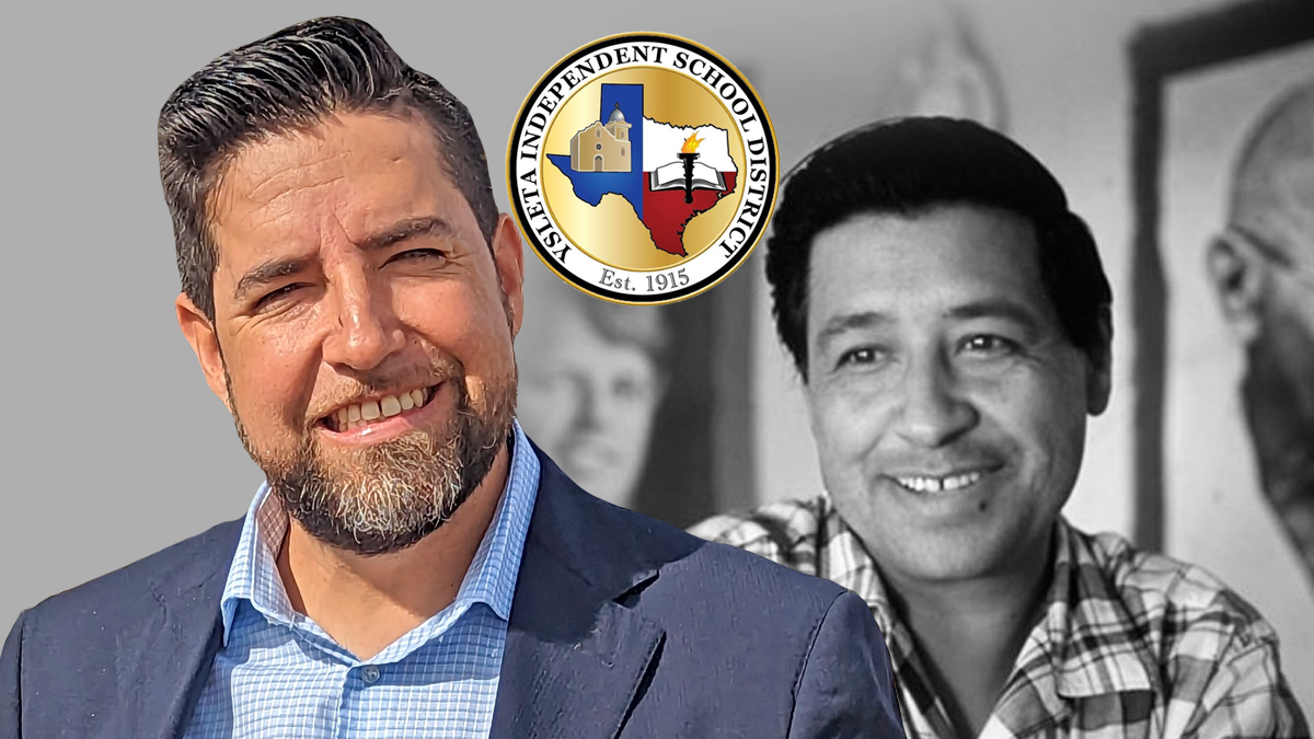 A picture of Chris Hernandez on the left over a picture of Cesar Chavez with Ysleta School District logo over them.
