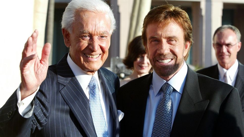 NORTH HOLLYWOOD, CA - JUNE 26:  The Price is Right Game Show Host Bob Barker, who was one of the honoree's at the Academy of Television Arts and Sciences Hall of Fame Induction Ceremony, poses with Actor Chuck Norris on June 26, 2004 in North Hollywood, California.  (Photo by Frazer Harrison/Getty Images)