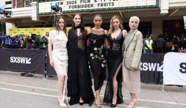 Victoria Pedretti, Lola Tung, Alexandra Shipp, Lili Reinhart and Emma Chamberlain stand in front of Austin's Paramount Theater for the SXSW world premiere of Forbidden Fruits.