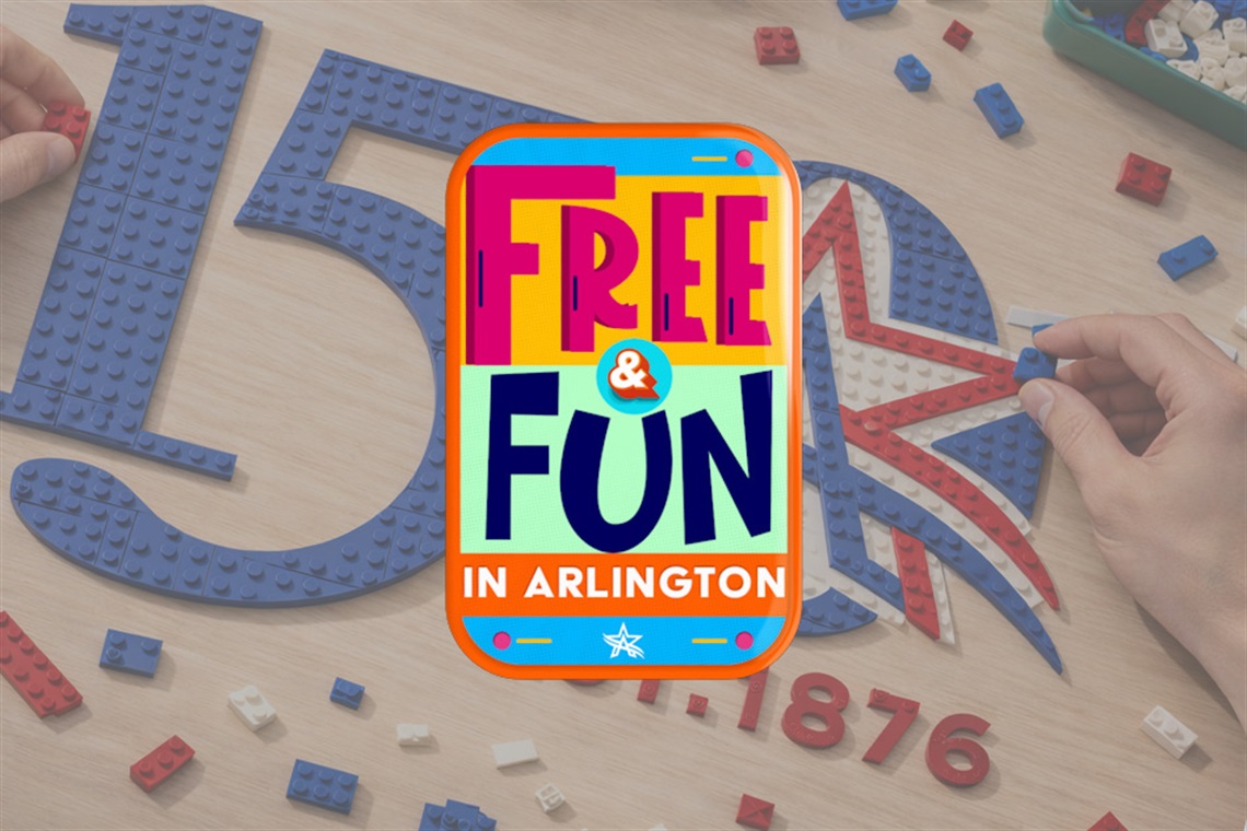 Free and Fun logo over a lego Arlington logo