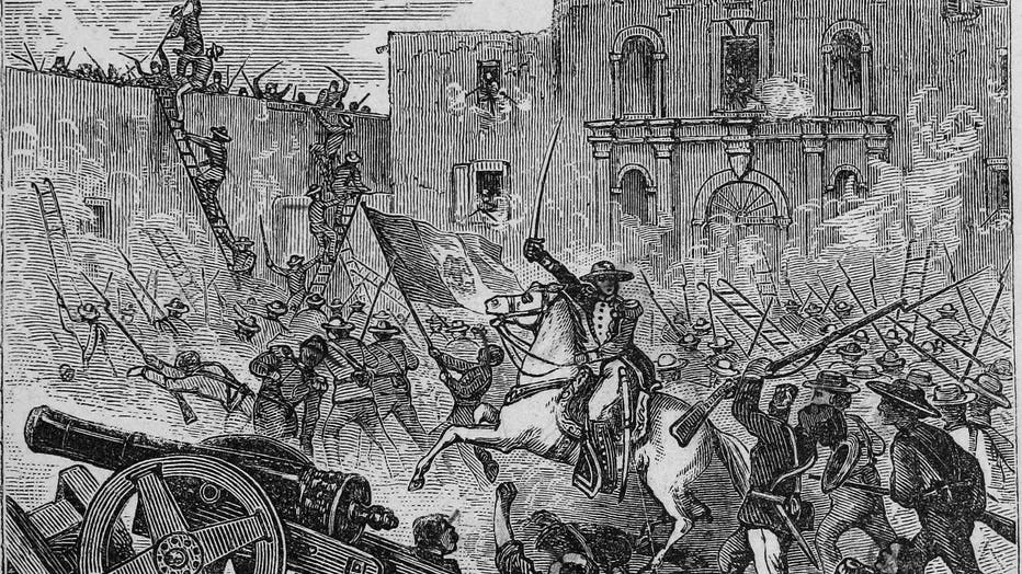 Engraving of the siege of the Alamo, the first thirteen days of the Battle of the Alamo, from the book 'Brief history of Texas from its earliest settlement to which is appended the constitution of the state' by De Witt Clinton Baker, 1873. Courtesy Internet Archive.