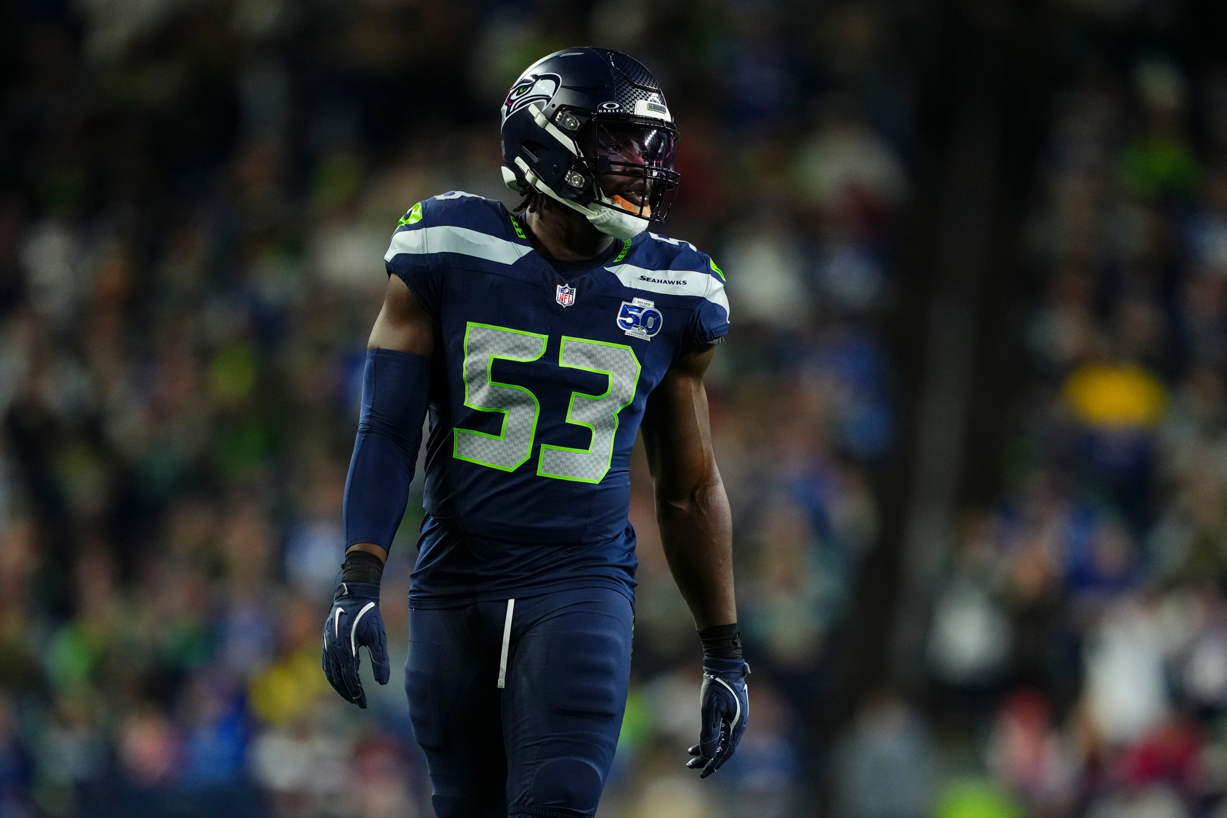 SEATTLE, WA - OCTOBER 20: Boye Mafe #53 of the Seattle Seahawks lines up before the snap during an NFL football game against the Houston Texans at Lumen Field on October 20, 2025 in Seattle, Washington. (Photo by Cooper Neill/Getty Images)