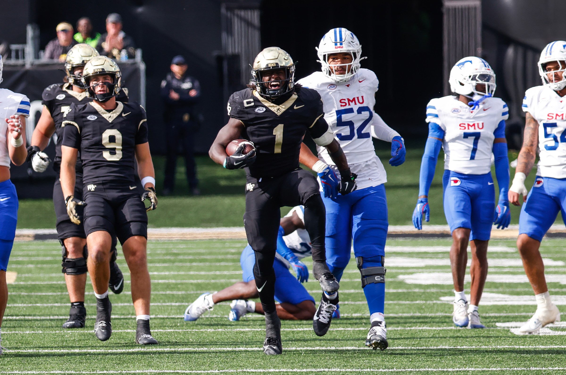 RALEIGH, NORTH CAROLINA - OCTOBER 25: Demond Claiborne #1 of the Wake Forest Demon Deacons reacts to a down during the second half of the game against the Southern Methodist University Mustangs at Allegacy Federal Credit Union Stadium on October 25, 2025 in Winston-Salem, North Carolina. (Photo by Jaylynn Nash/Getty Images)