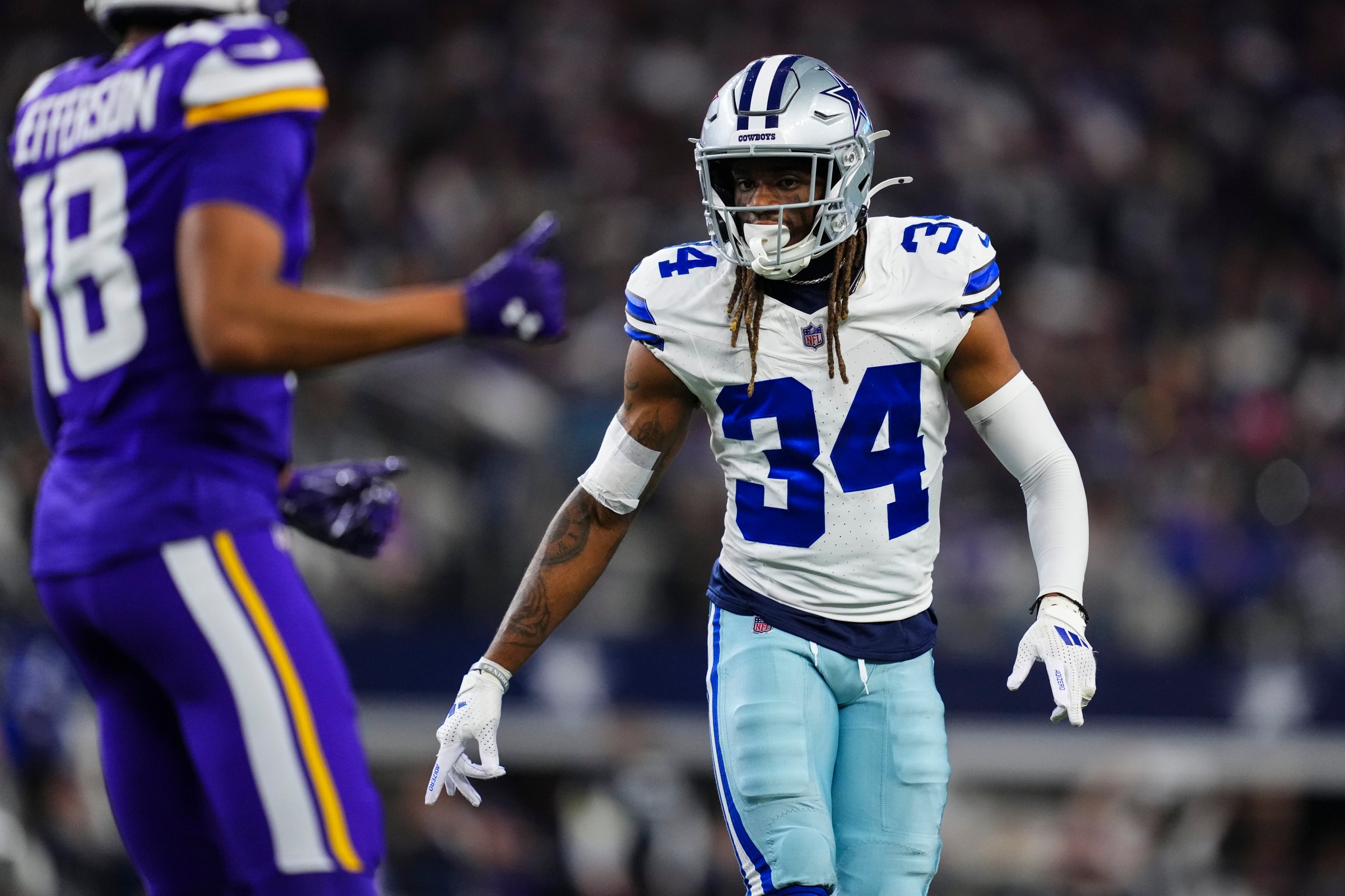 ARLINGTON, TX - DECEMBER 14: Shavon Revel Jr. #34 of the Dallas Cowboys lines up before the snap during an NFL football game against the Minnesota Vikings at AT&T Stadium on December 14, 2025 in Arlington, Texas. (Photo by Cooper Neill/Getty Images)