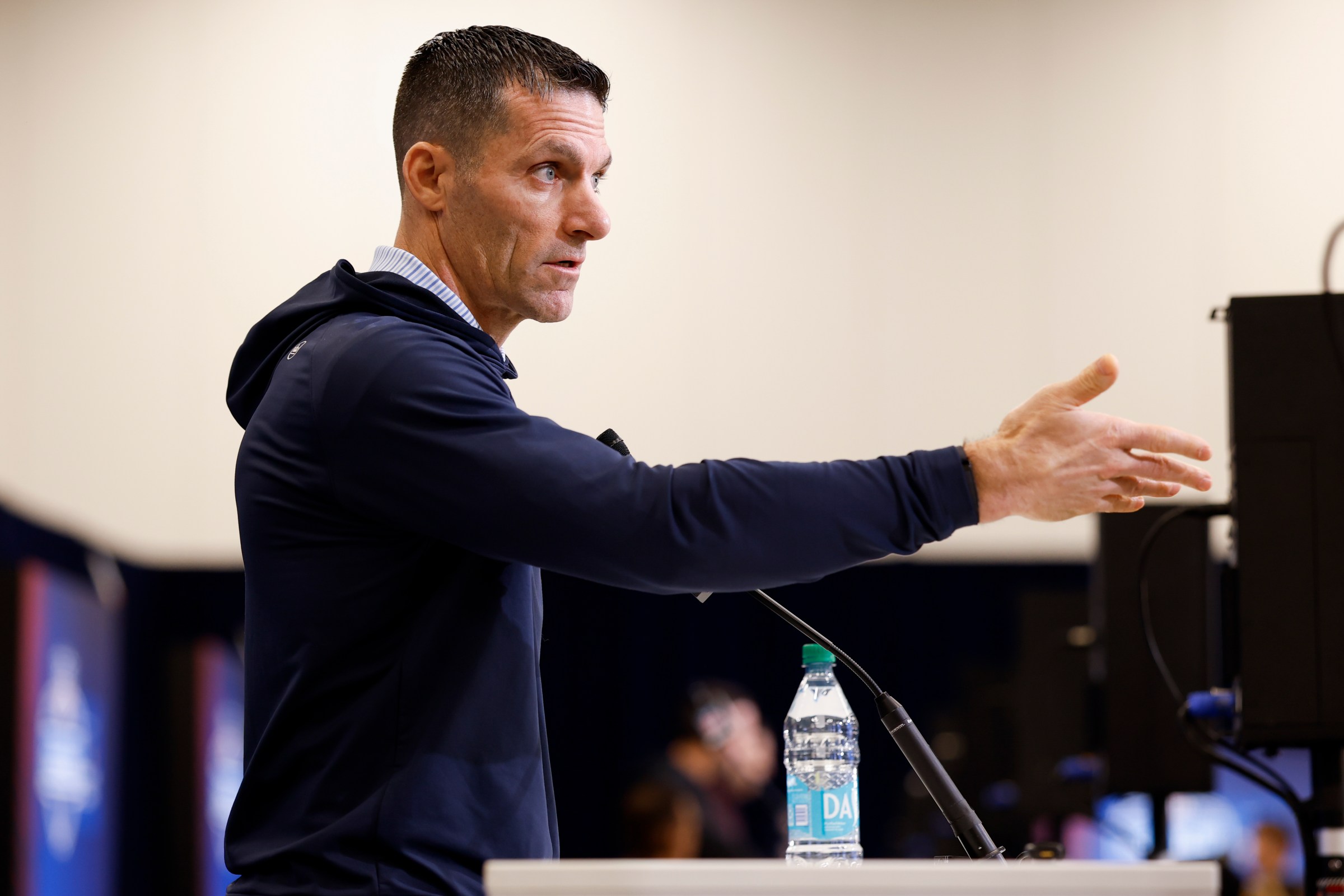 INDIANAPOLIS, INDIANA - FEBRUARY 24: Nick Caserio of the Houston Texans speaks to the media during the 2026 NFL Scouting Combine at Lucas Oil Stadium on February 24, 2026 in Indianapolis, Indiana. (Photo by Lauren Leigh Bacho/Getty Images)