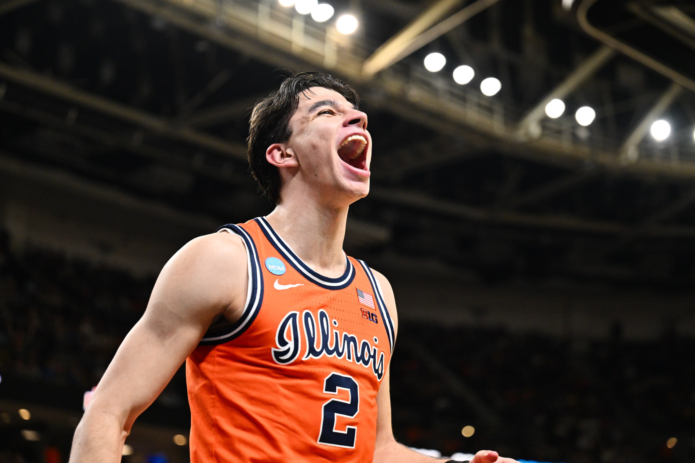 GREENVILLE, SOUTH CAROLINA - MARCH 21: Andrej Stojakovic #2 of the Illinois Fighting Illini laughs after scoring during the second round of the 2026 NCAA Men’s Basketball Tournament held at Bon Secours Wellness Arena on March 21, 2026 in Greenville, South Carolina. (Photo by Jamie Sabau/NCAA Photos via Getty Images)