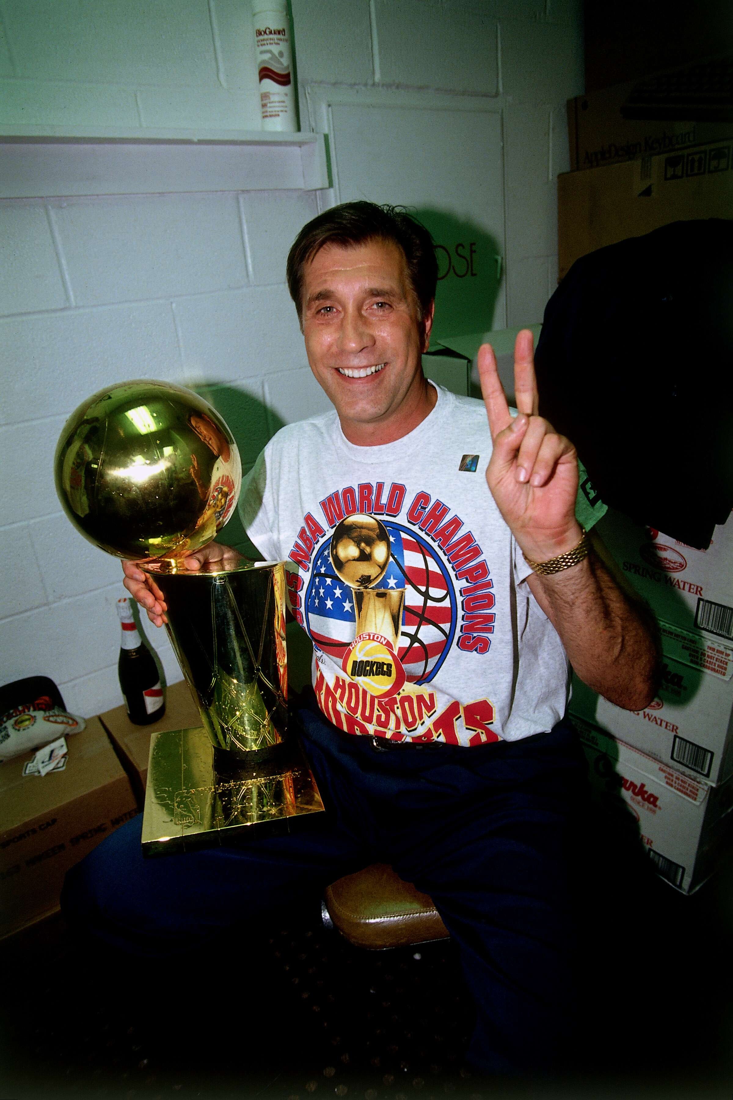 HOUSTON - JUNE 14: Head coach Rudy Tomjanovich of the Houston Rockets celebrates winning the 1995 NBA Championship after defeating the Orlando Magic in Game Four of the 1995 NBA Finals at the Summit on June 14, 1995 in Houston, Texas. The Rockets won 113-101. NOTE TO USER: User expressly acknowledges that, by downloading and or using this photograph, User is consenting to the terms and conditions of the Getty Images License agreement. Mandatory Copyright Notice: Copyright 1995 NBAE (Photo by Andrew D. Bernstein/NBAE via Getty Images)