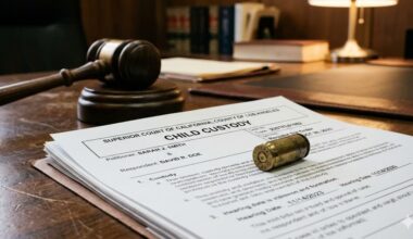 California child custody court documents with a brass bullet casing resting on the papers and a gavel in the background, representing how firearm violations now affect custody decisions in divorce cases.