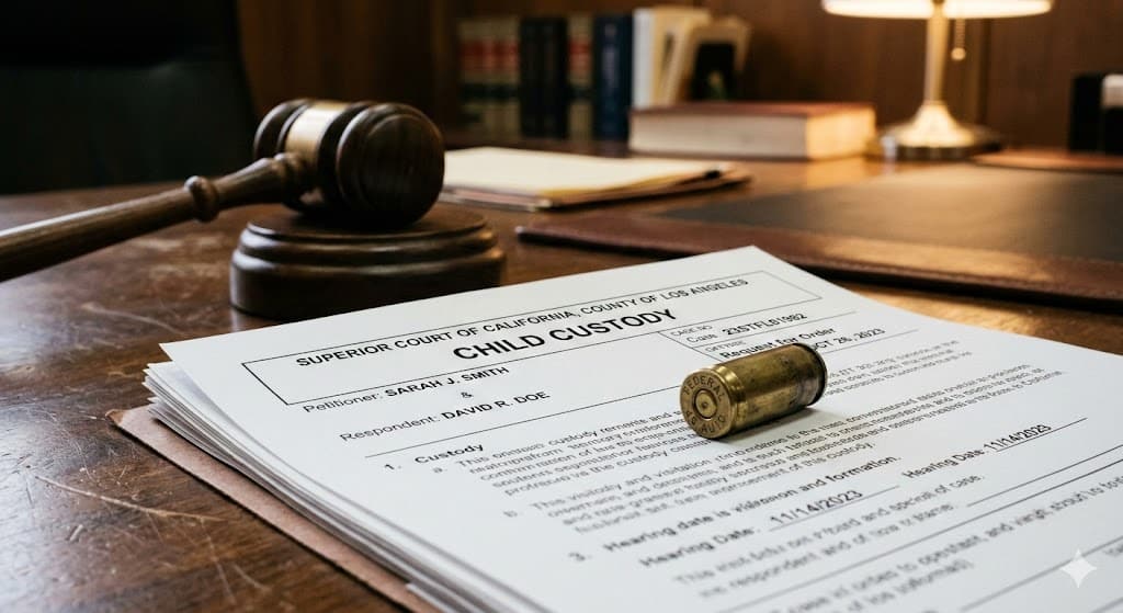 California child custody court documents with a brass bullet casing resting on the papers and a gavel in the background, representing how firearm violations now affect custody decisions in divorce cases.