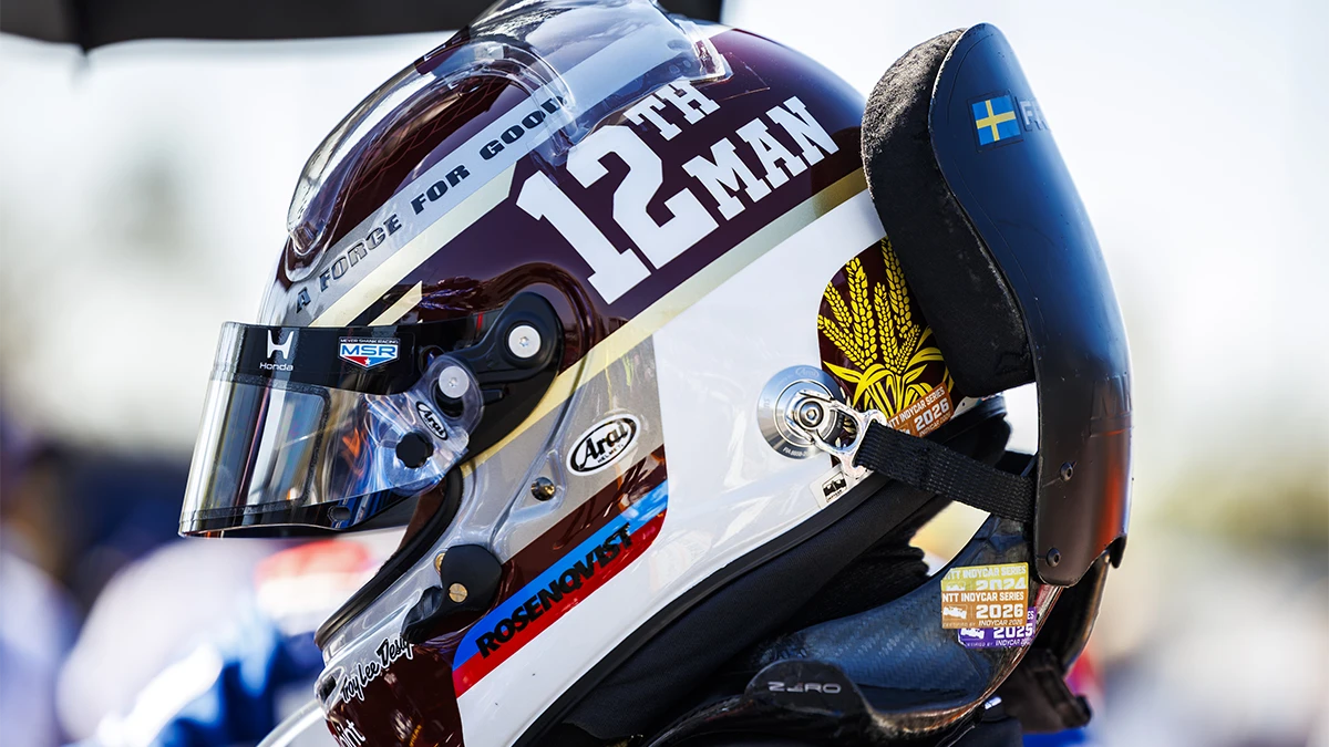 A side shot of the Texas A&M branded IndyCar helmet