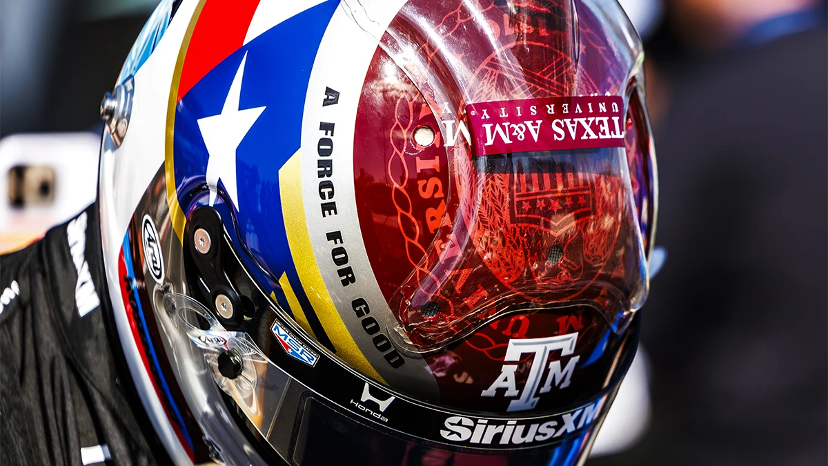 An overhead shot of the Texas A&M branded IndyCar helmet