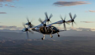 In this 2022 photo provided by Joby Aviation is Joby’s pre-production prototype aircraft in flight above the company’s facilities in Marina, Calif. (Eric Adams/Joby Aviation via AP)