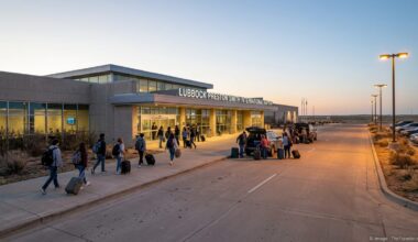 Early morning travelers walking into Lubbock Preston Smith International Airport during spring break.
