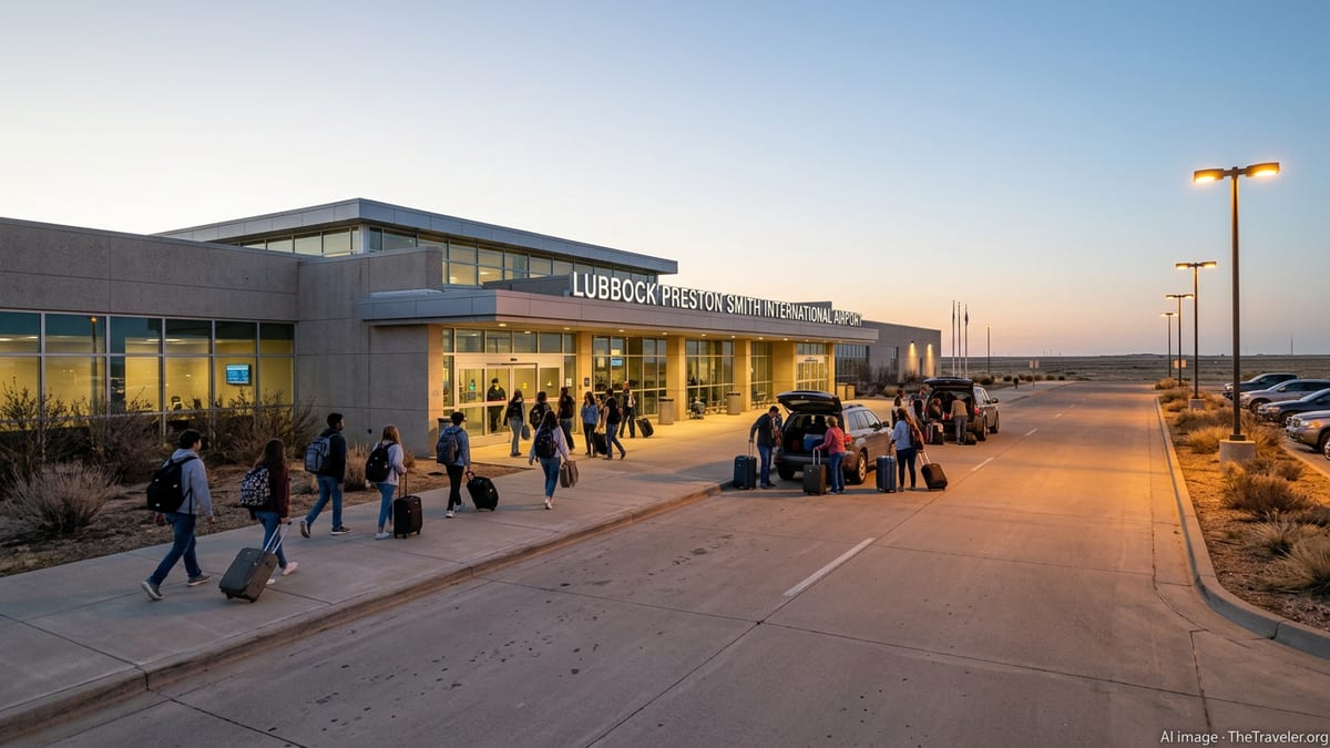 Early morning travelers walking into Lubbock Preston Smith International Airport during spring break.