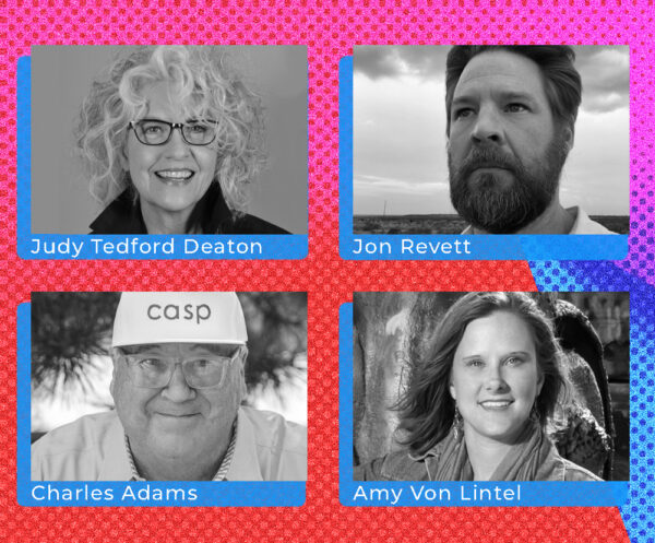 A designed graphic featuring a grid of black and white images of Texas Panhandle arts workers Judy Tedford Deaton, Jon Revett, Charles Adams, and Amy Von Lintel.