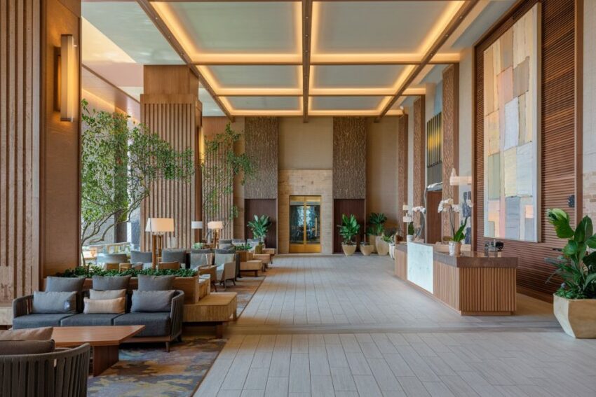 Luxurious hotel lobby with modern design elements